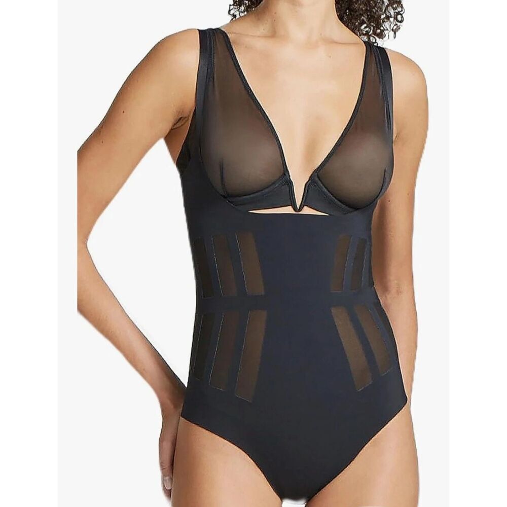 New Women's COMMANDO Black Luxe Control  Open Bust Thong Bodysuit Size Large